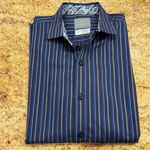 THOMAS DEAN BOYS STRIPED COTTON DRESS SHIRT WITH CONTRASTING NECK AND CUFFS